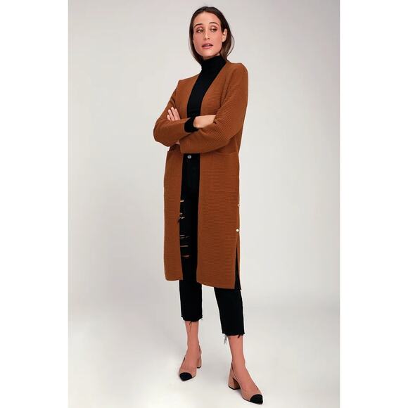 J.O.A. Just One Answer Yolanda Brown Ribbed Longline Midi Cardigan Sweater Small - Picture 1 of 13